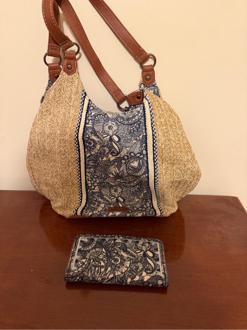 Blue Floral Straw Shoulder Bag with Brown Straps